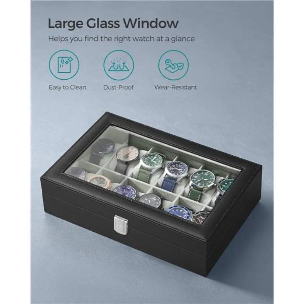 Watch Box, 12-Slot Watch Case Organizer with Large Glass Lid, Removable Pillows